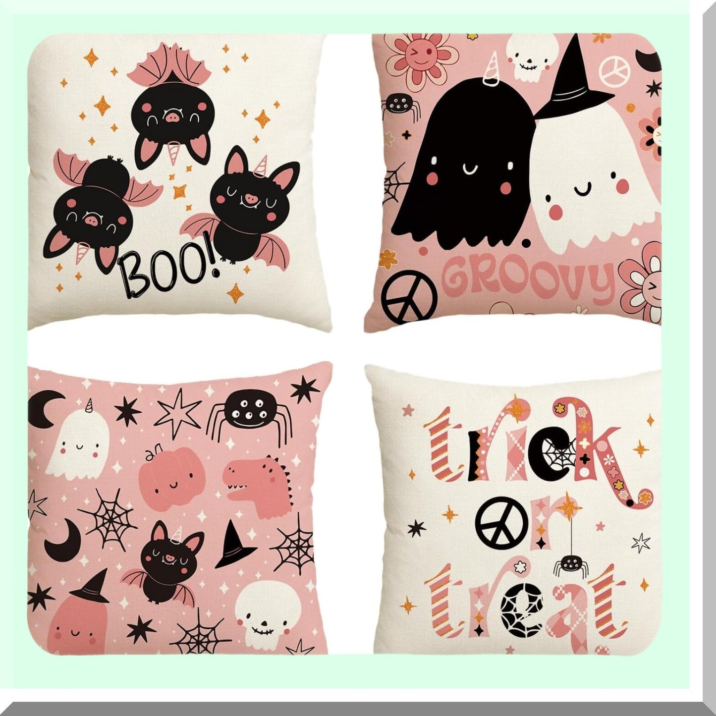 Spooky Chic Halloween Pillow Covers - Set of 4, 20x20 Inch Ghost Skeleton Bat Flower Cushion Cases for Sofa, Trick or Treat Pink Throw Pillows