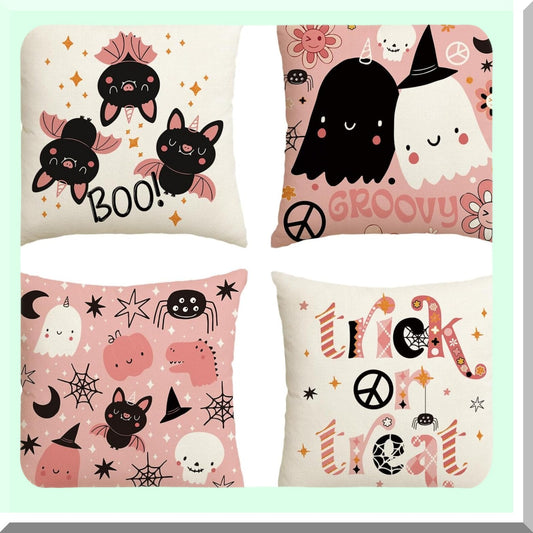 Spooky Chic Halloween Pillow Covers - Set of 4, 20x20 Inch Ghost Skeleton Bat Flower Cushion Cases for Sofa, Trick or Treat Pink Throw Pillows