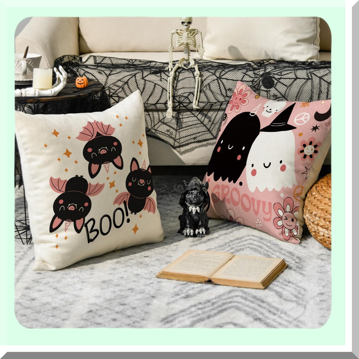 Spooky Chic Halloween Pillow Covers - Set of 4, 20x20 Inch Ghost Skeleton Bat Flower Cushion Cases for Sofa, Trick or Treat Pink Throw Pillows