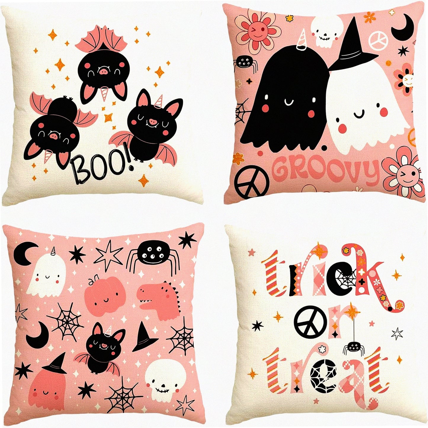Spooky Chic Halloween Pillow Covers - Set of 4, 20x20 Inch Ghost Skeleton Bat Flower Cushion Cases for Sofa, Trick or Treat Pink Throw Pillows