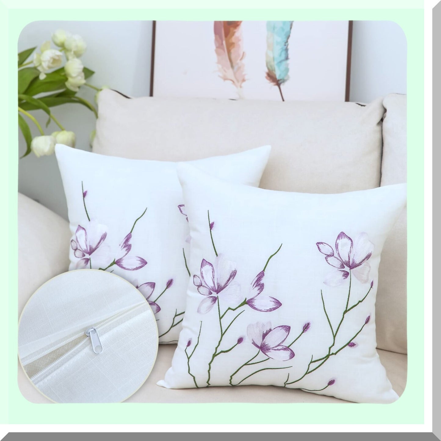 Farmhouse White Embroidered Pillow Covers - Set of 2 Soft Throw Pillow Covers for Home Decor - 18 x 18 Inches Cushion Covers for Bed Couch Sofa