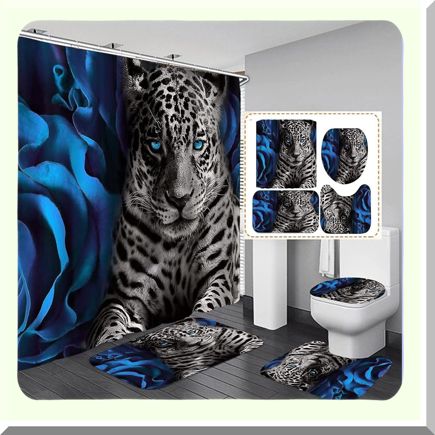 Blue Rose and Leopard Shower Curtain Set with Rugs and Hooks