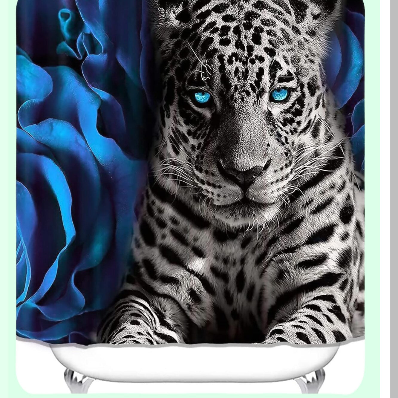 Blue Rose and Leopard Shower Curtain Set with Rugs and Hooks