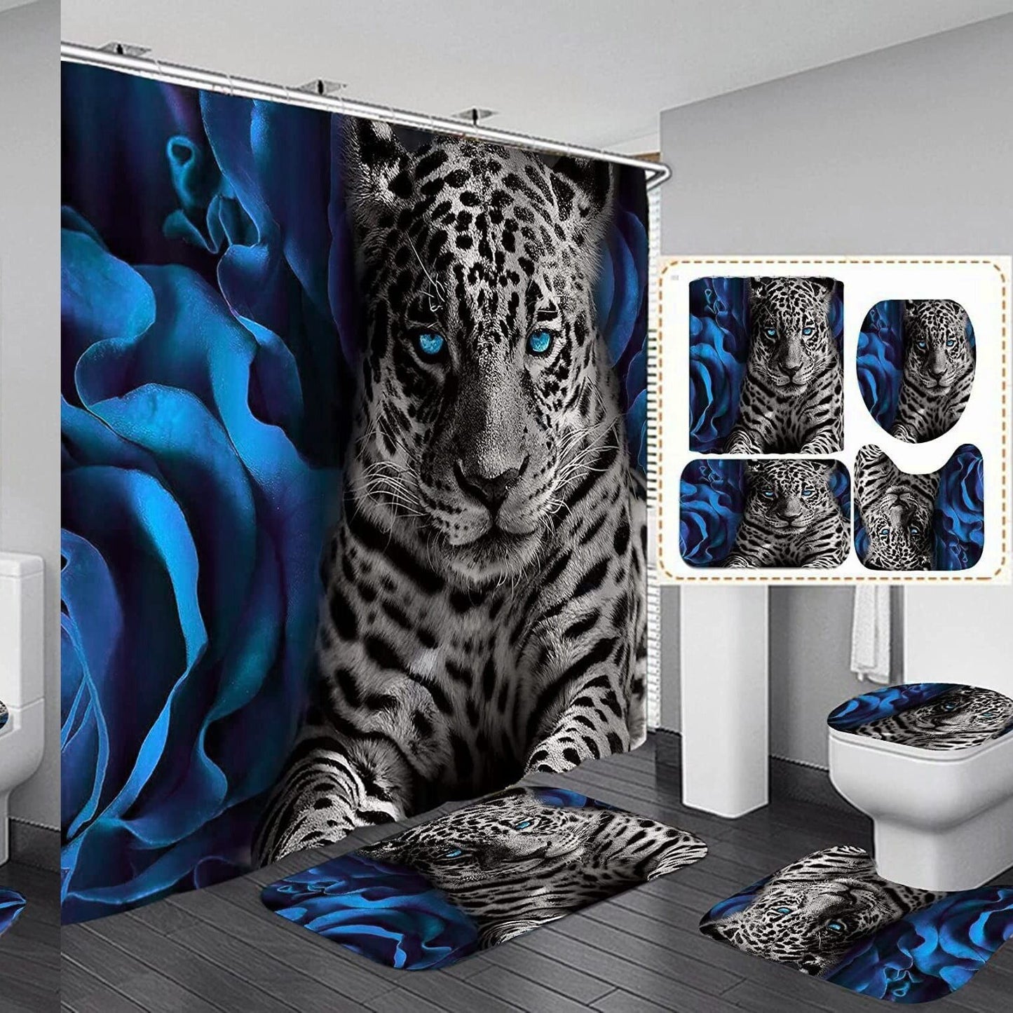 Blue Rose and Leopard Shower Curtain Set with Rugs and Hooks