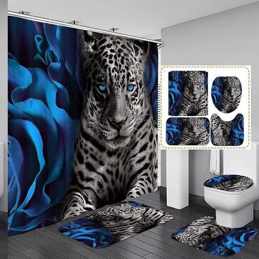 Blue Rose and Leopard Shower Curtain Set with Rugs and Hooks