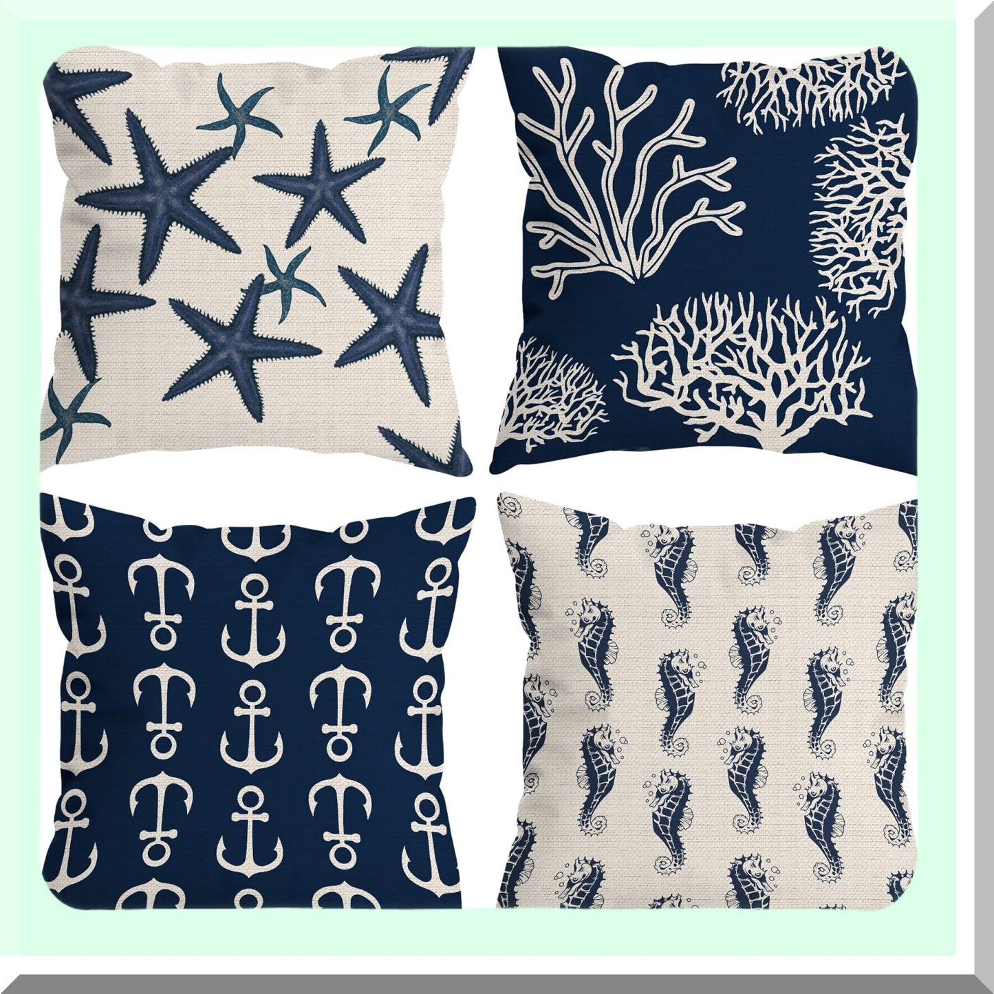 Starfish Coral Seahorse Anchor Nautical Pillow Covers - Set of 4, Ocean Theme Decorative Throw Pillow Cases for Home Sofa, Sea Animal Gifts 18 x 18 Inch