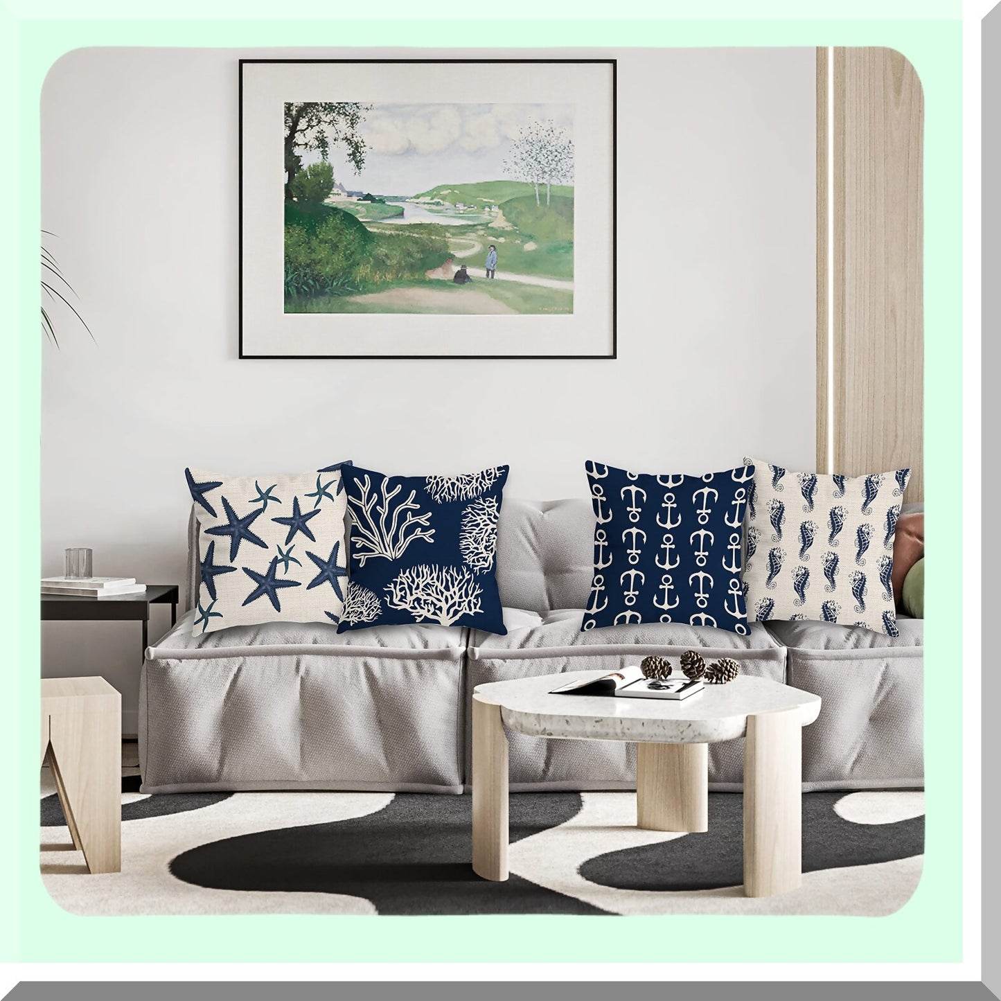 Starfish Coral Seahorse Anchor Nautical Pillow Covers - Set of 4, Ocean Theme Decorative Throw Pillow Cases for Home Sofa, Sea Animal Gifts 18 x 18 Inch