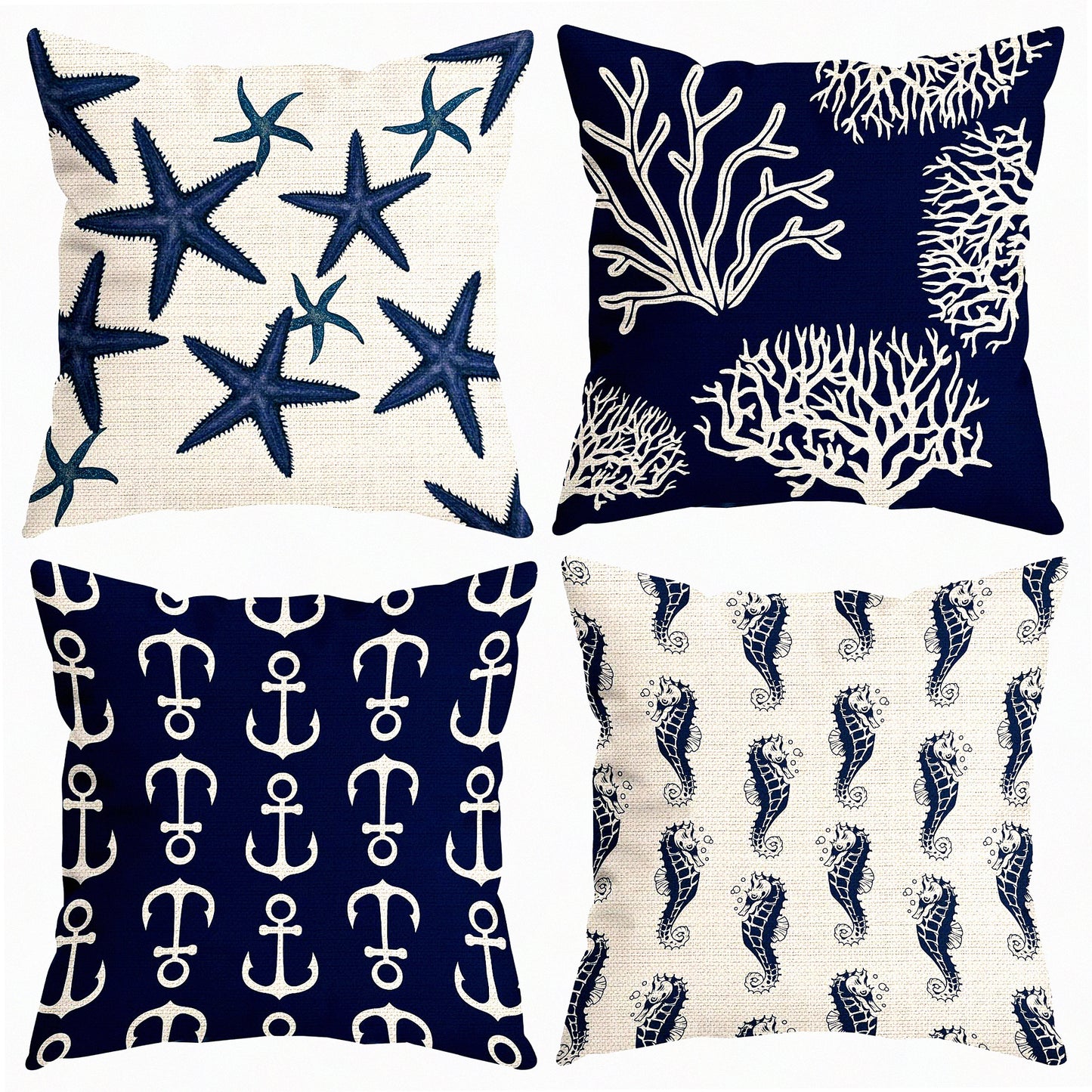 Starfish Coral Seahorse Anchor Nautical Pillow Covers - Set of 4, Ocean Theme Decorative Throw Pillow Cases for Home Sofa, Sea Animal Gifts 18 x 18 Inch