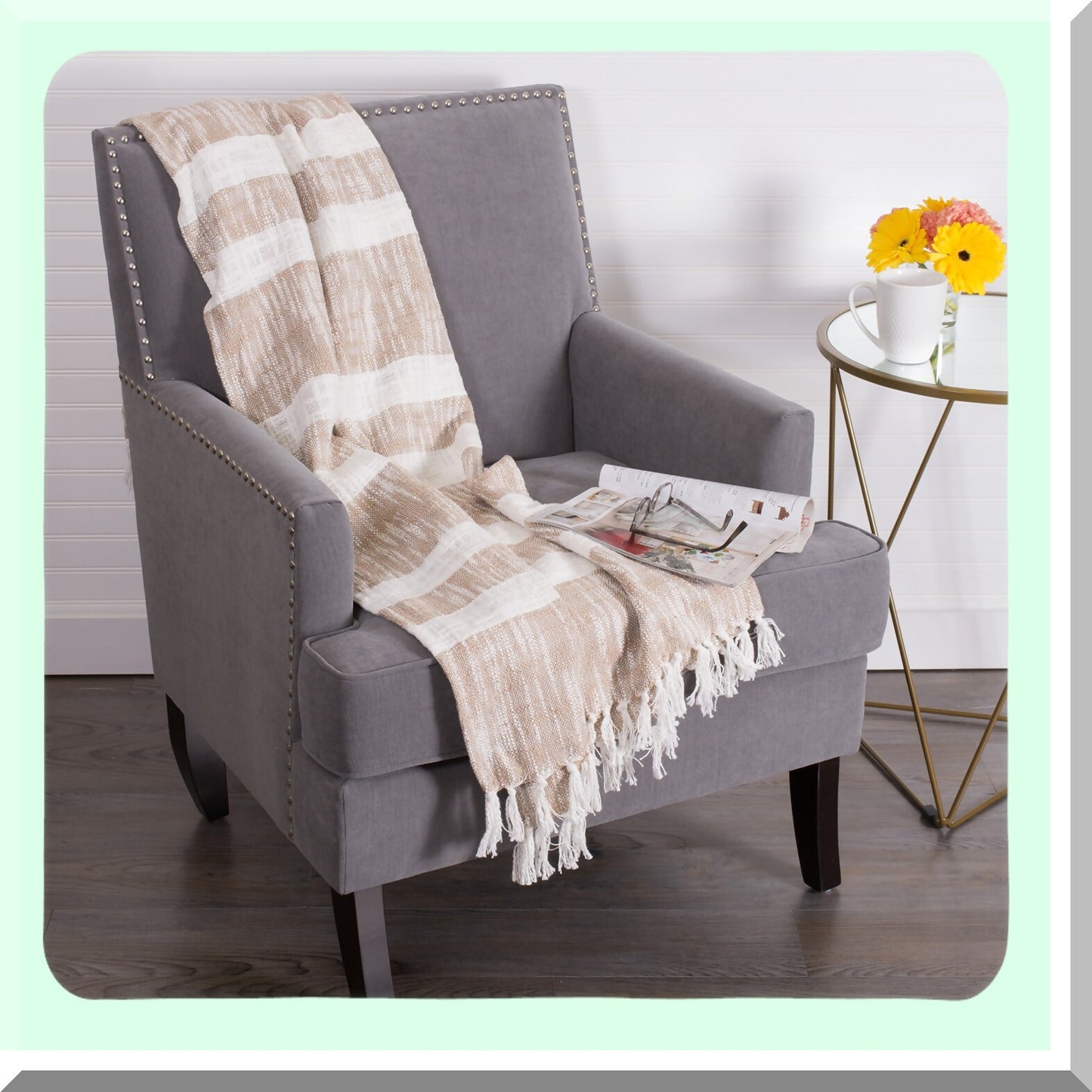 Mid-Century Modern Taupe Slub Stripe Woven Throw Blanket, 50x60