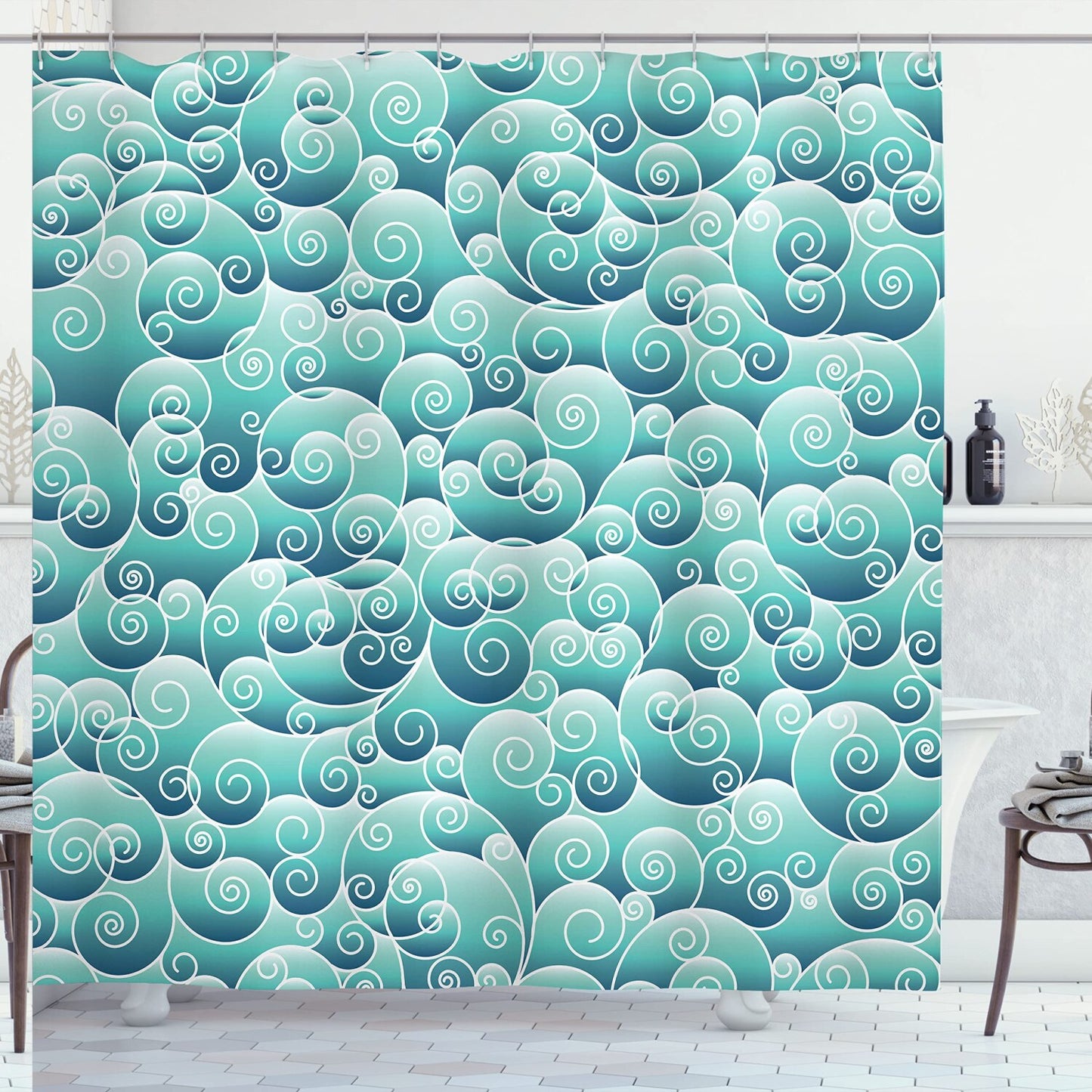 Teal Shower Curtain with Abstract Swirling Pattern 69x75