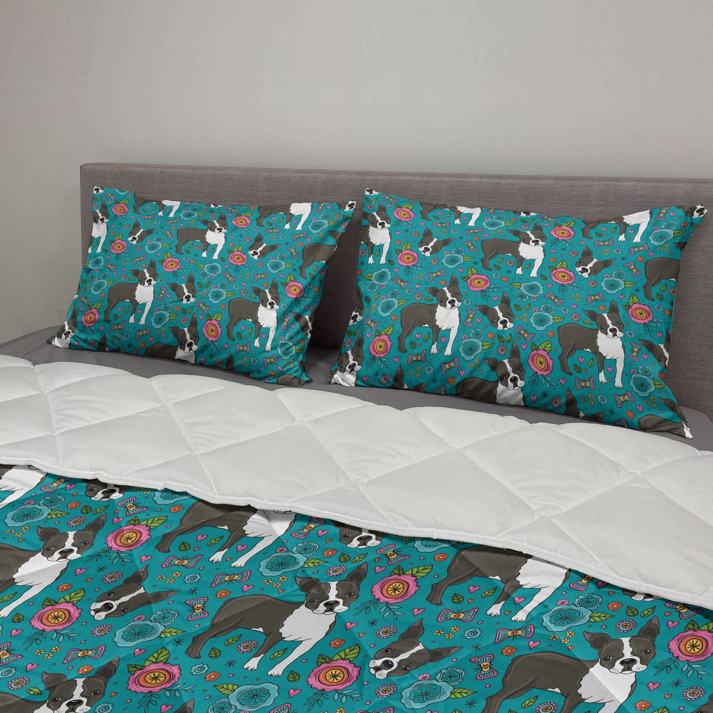 Dog Comforter  Sham Bedding Set, Illustration of Boston Terrier Smiling Face Flowers Botanical Heart Butterfly, 3 pcs Duvet Set Microfiber Filling Quilt, King, Teal Charcoal Grey
