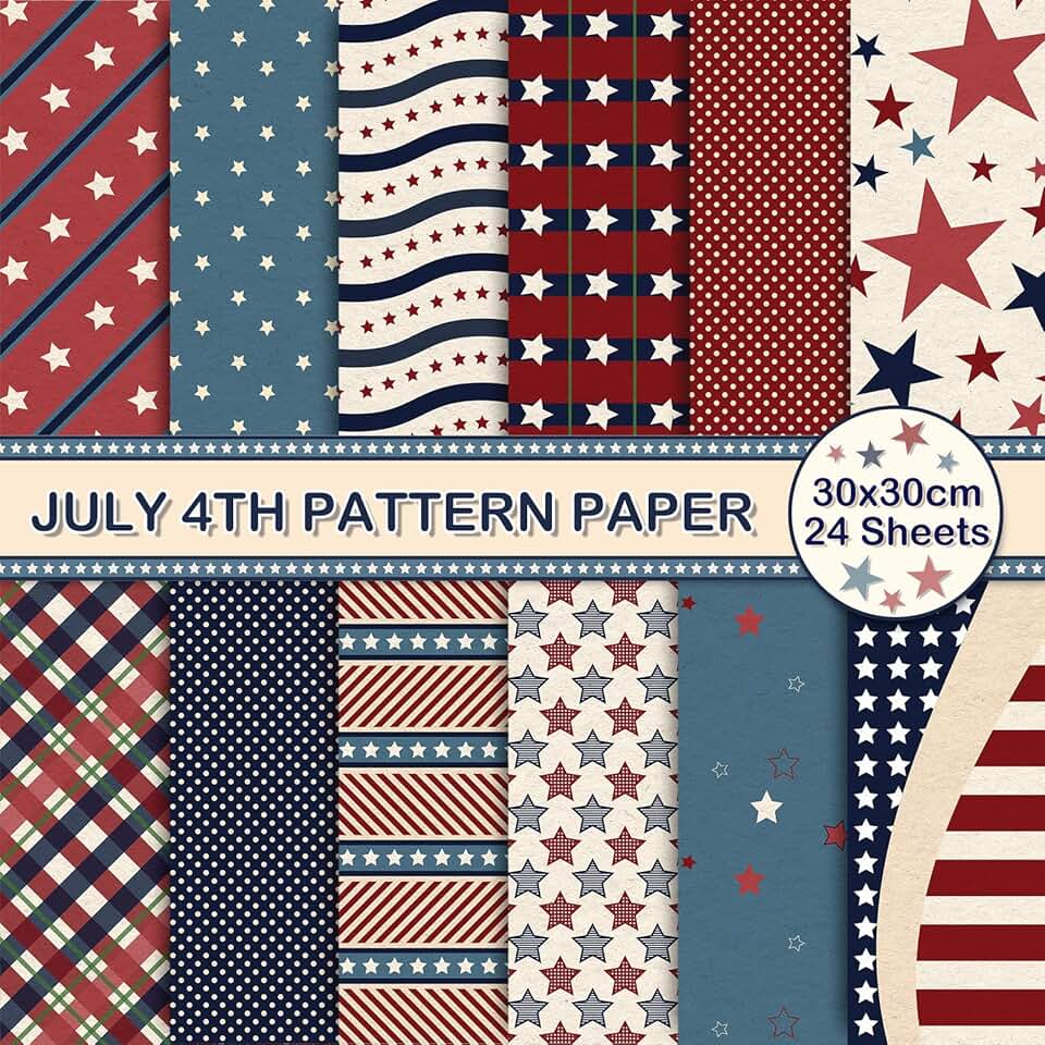 24 Sheets of 4th of July Patterned Vintage Star Paper