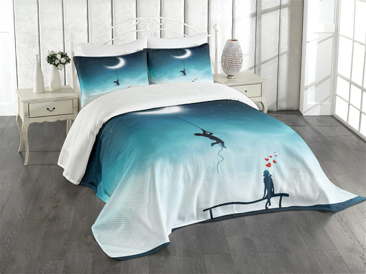 Fantasy Bedspread, Boy Climbing to The Moon and Girl on Bench Love Romance Art, Decorative Quilted 3 Piece Coverlet Set with 2 Pillow Shams, King Size, Teal White