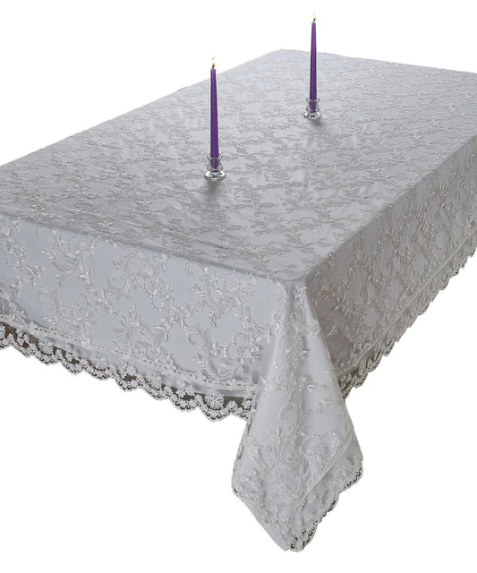 Royal Bridal Damask Pattern Polyester Embroidered Lace Tablecloths, 70" X 140", Cream