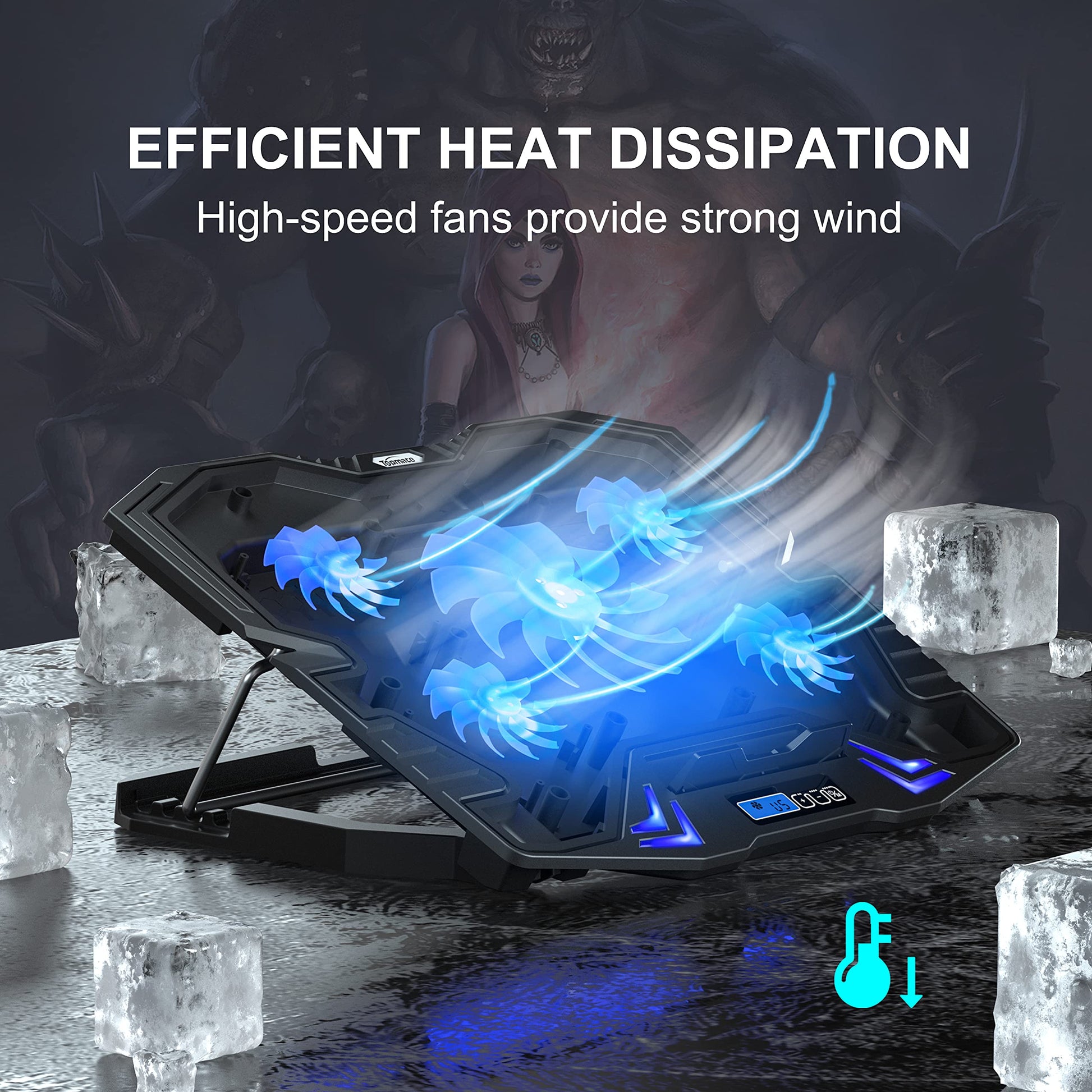 C5 Laptop Cooling Pad Gaming Notebook Cooler, Laptop Fan Cooling Stand Adjustable Height with 5 Quiet Fans Blue LED Light, Computer Chill Mat with LCD Controller, for 10-15.6 Inch Laptops