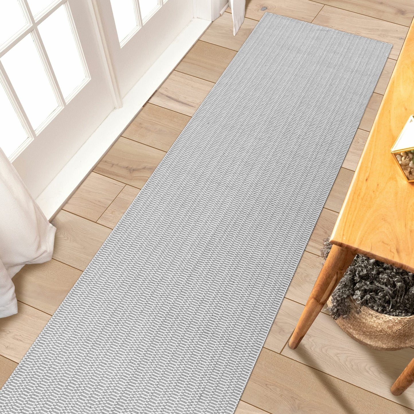 Upgraded Boho Runner Rug 2'x8', Grey Hallway Runner, Light Grey, 100% Woven Cotton Washable Gray Indoor Outdoor Rug Runner 2x8 for Entryway/Kitchen/Laundry Room/Doorway/Bedroom