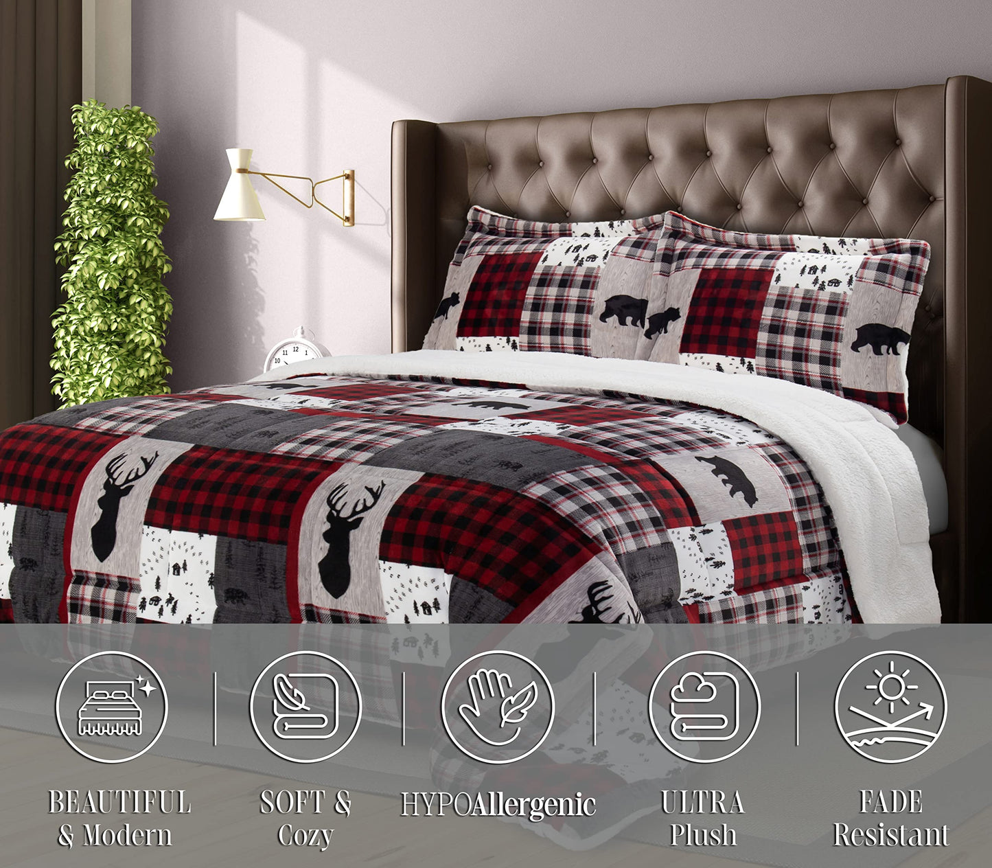 3-Piece Winter Lodge-Patch Sherpa Comforter Soft, Cozy and Durable Quality, Heavy Weight Reversible Down Alternative Micro-Suede, Patch Sherpa Comforter, Full