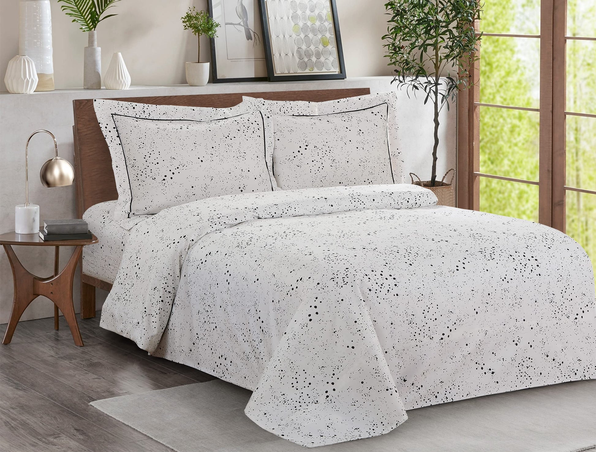 French White N Black Dots Pattern, Ultra Soft 200 Thread Count Cotton Percale, White, Twin 39-inch, 6 Piece Duvet Set, Bedding Duvet Cover Set for Two Beds