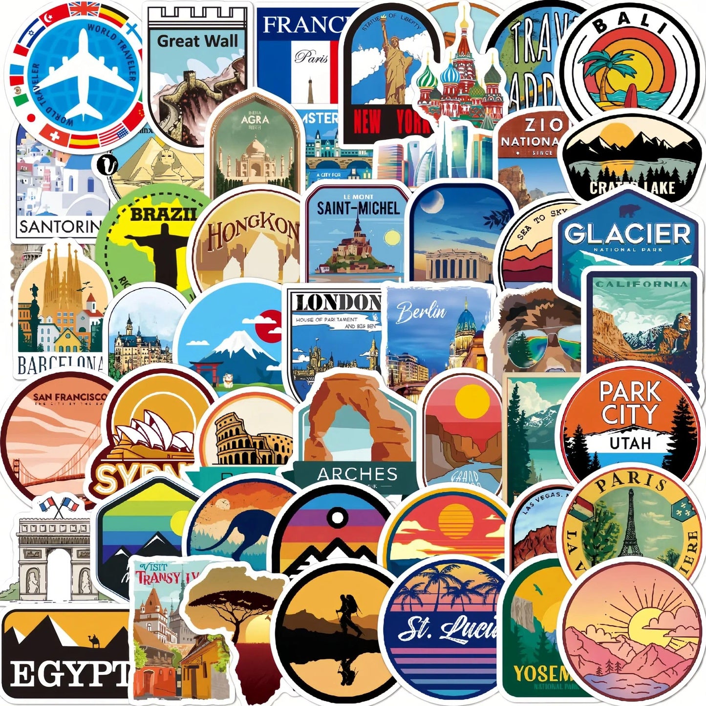 50 Waterproof Landmark Stickers for Luggage and More