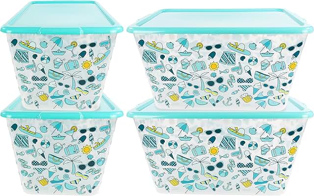Set of four large clear plastic storage bins with lids
