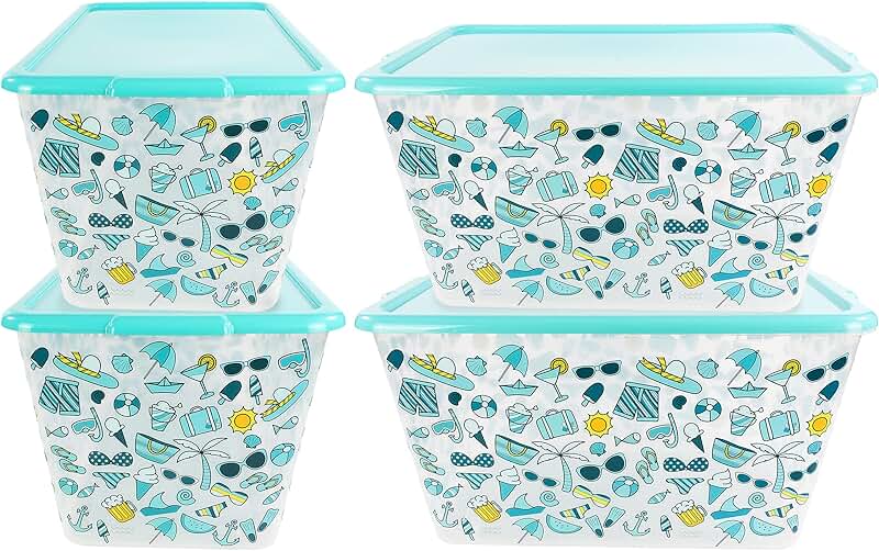 Set of four large clear plastic storage bins with lids