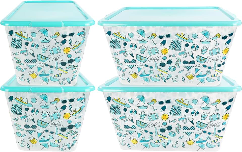Set of four large clear plastic storage bins with lids