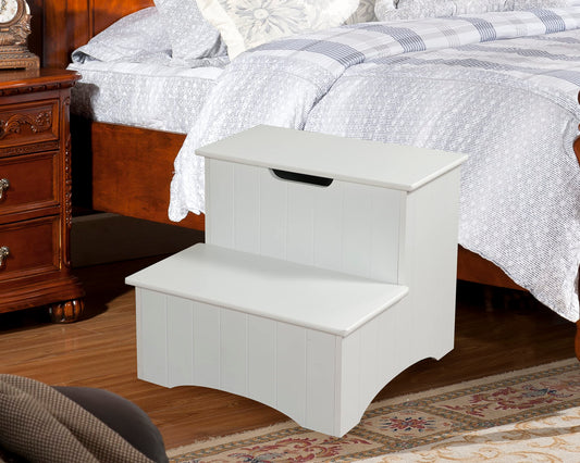 Kings Large White Finish Wood Bedroom Step Stool With Storage