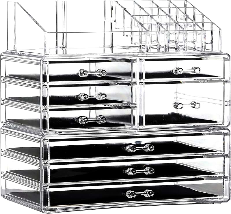 Set of 3 Clear Acrylic Makeup Organizers with 8 Drawers