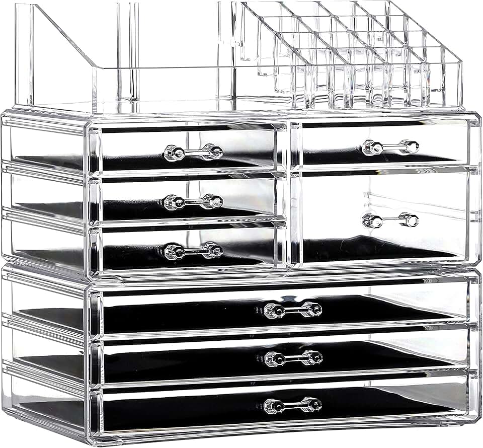Set of 3 Clear Acrylic Makeup Organizers with 8 Drawers