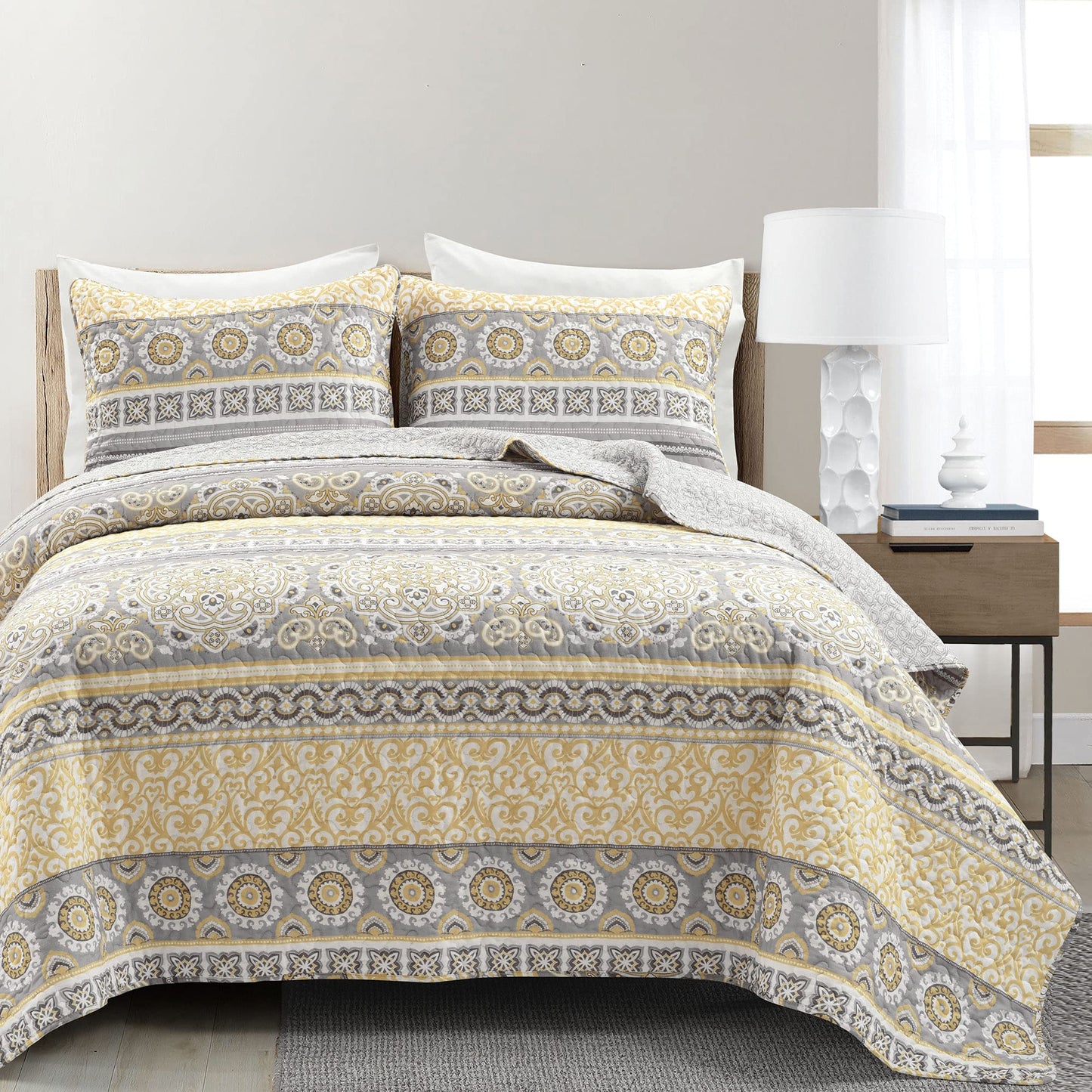 Nesco Stripe Reversible Cotton 3 Piece Quilt Set, King, Yellow  Gray