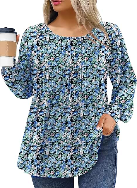 Plus Size Long Sleeve Pleated Crew Neck Tunic