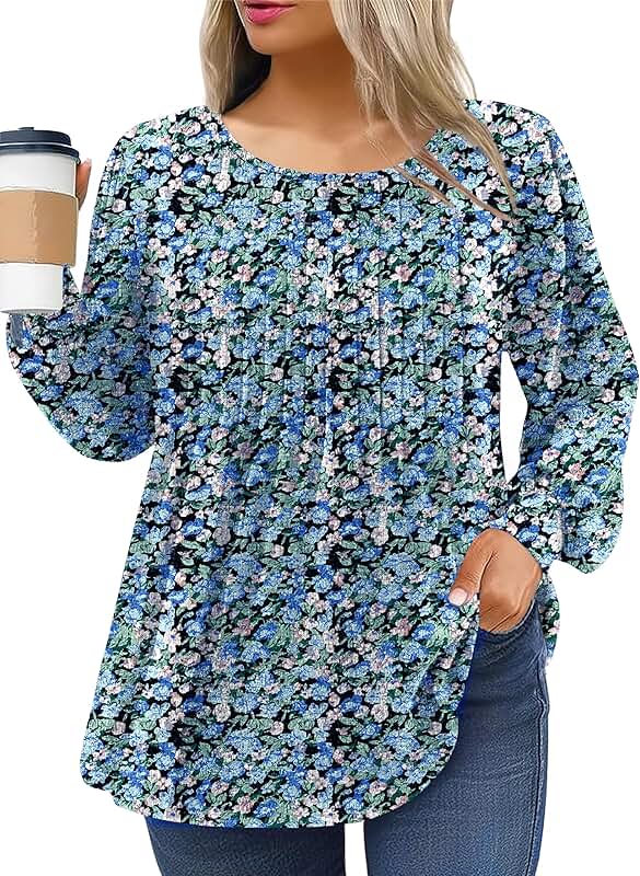 Plus Size Long Sleeve Pleated Crew Neck Tunic