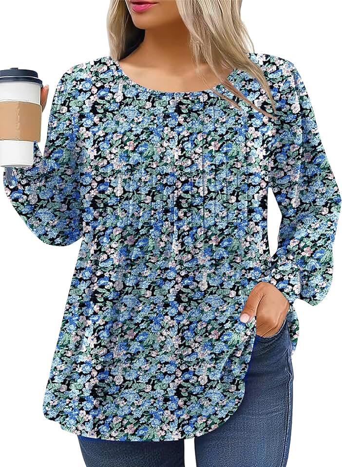 Plus Size Long Sleeve Pleated Crew Neck Tunic