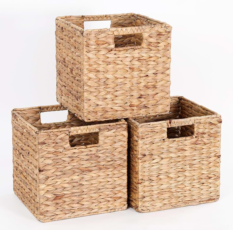 Set of 3 Water Hyacinth Storage Baskets, 11x11x11 inches