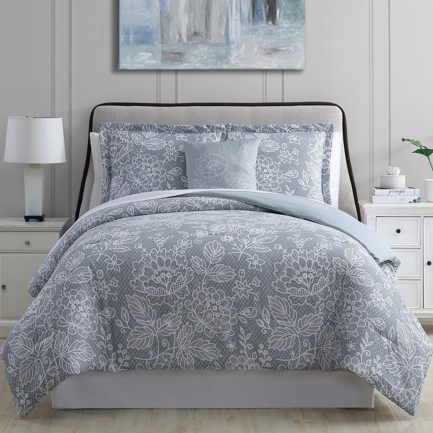Olivia 8-Piece Reversible Bed in a Bag Silver Blue, Queen)