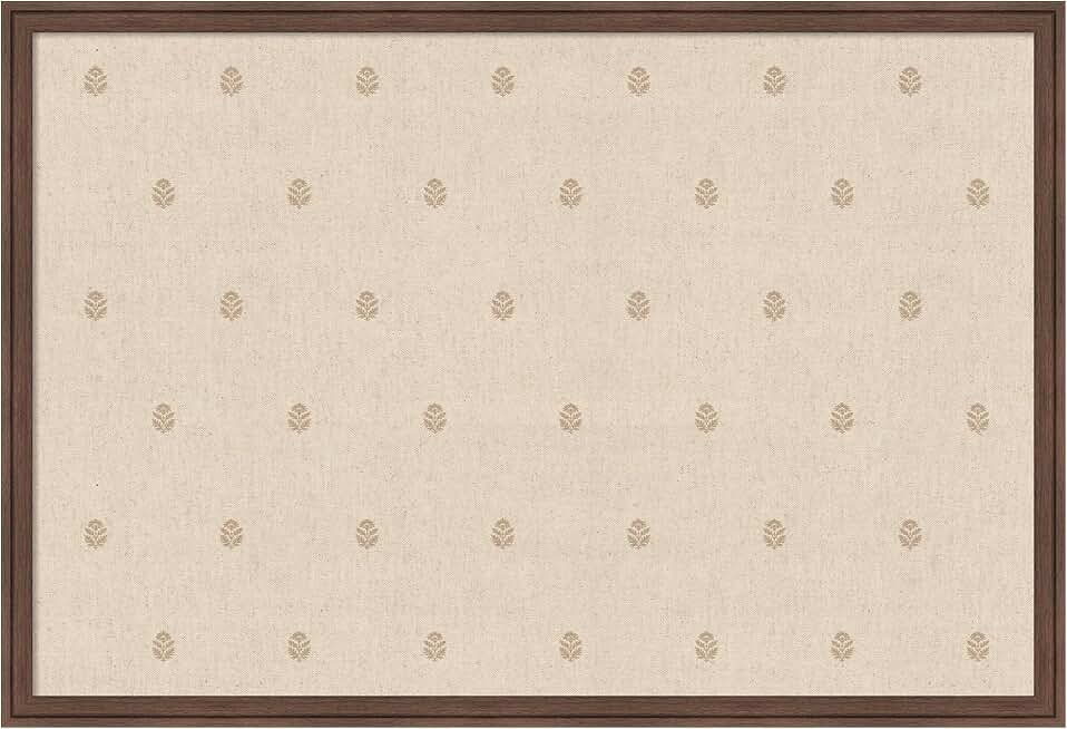Beige Botanical Fabric Pinboard, 38 x 26, with Brown Frame