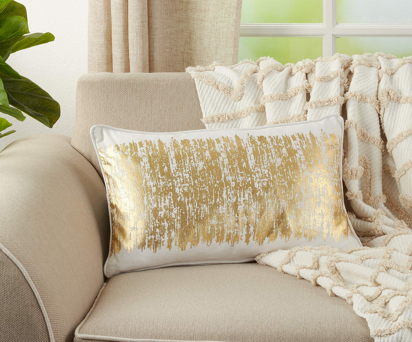 Agatha Metallic Banded Design Cotton Down Filled Throw Pillow-Gold,12" x 20"
