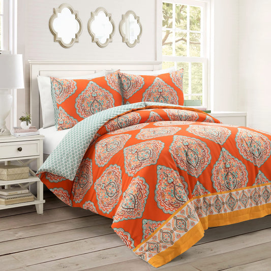 Harley Reversible Cotton 3 Piece Duvet Cover Set, King, Tangerine