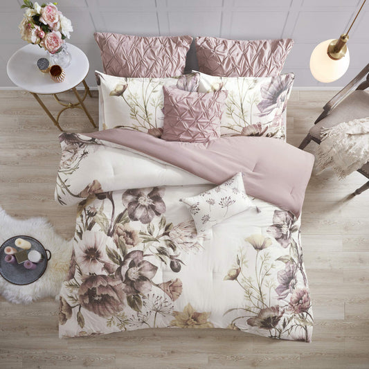 Candra 100% Cotton Comforter Set  Feminine Design Colorful Floral Print, All Season Down Alternative Bedding Layer And Matching Shams, Queen, Blush 8 Piece