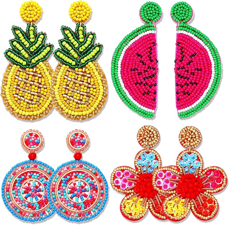 Set of 4 colorful beaded dangle earrings for women