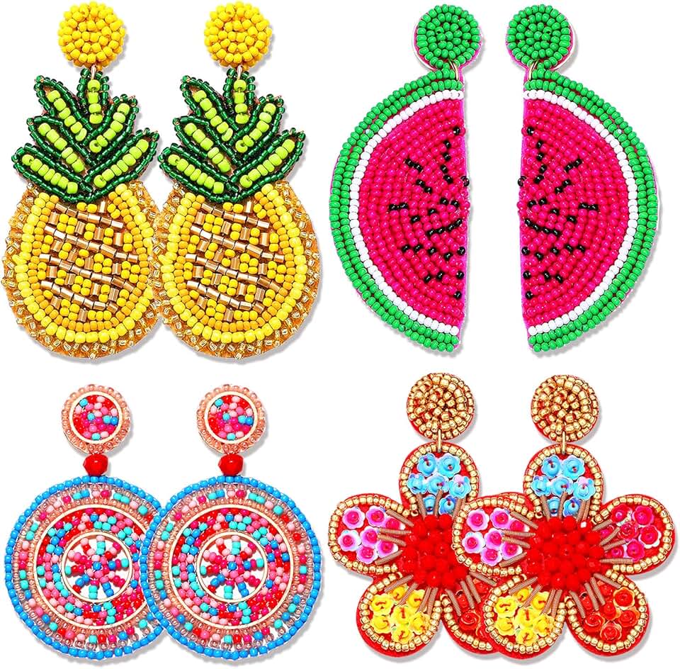 Set of 4 colorful beaded dangle earrings for women
