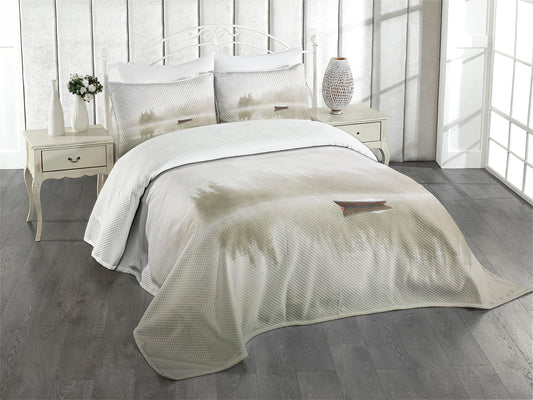 Landscape Bedspread, Boat on The Lake with Silhouettes of Trees on The Water Sky Nature Art, Decorative Quilted 2 Piece Coverlet Set with Pillow Sham, Twin Size, Eggshell Brown