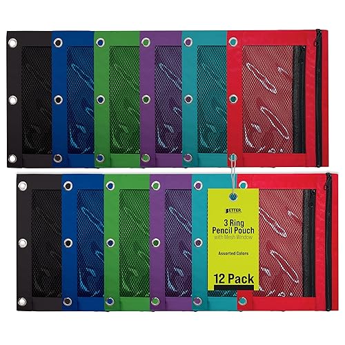 Set of 12 3-Ring Pencil Pouches with Mesh Windows