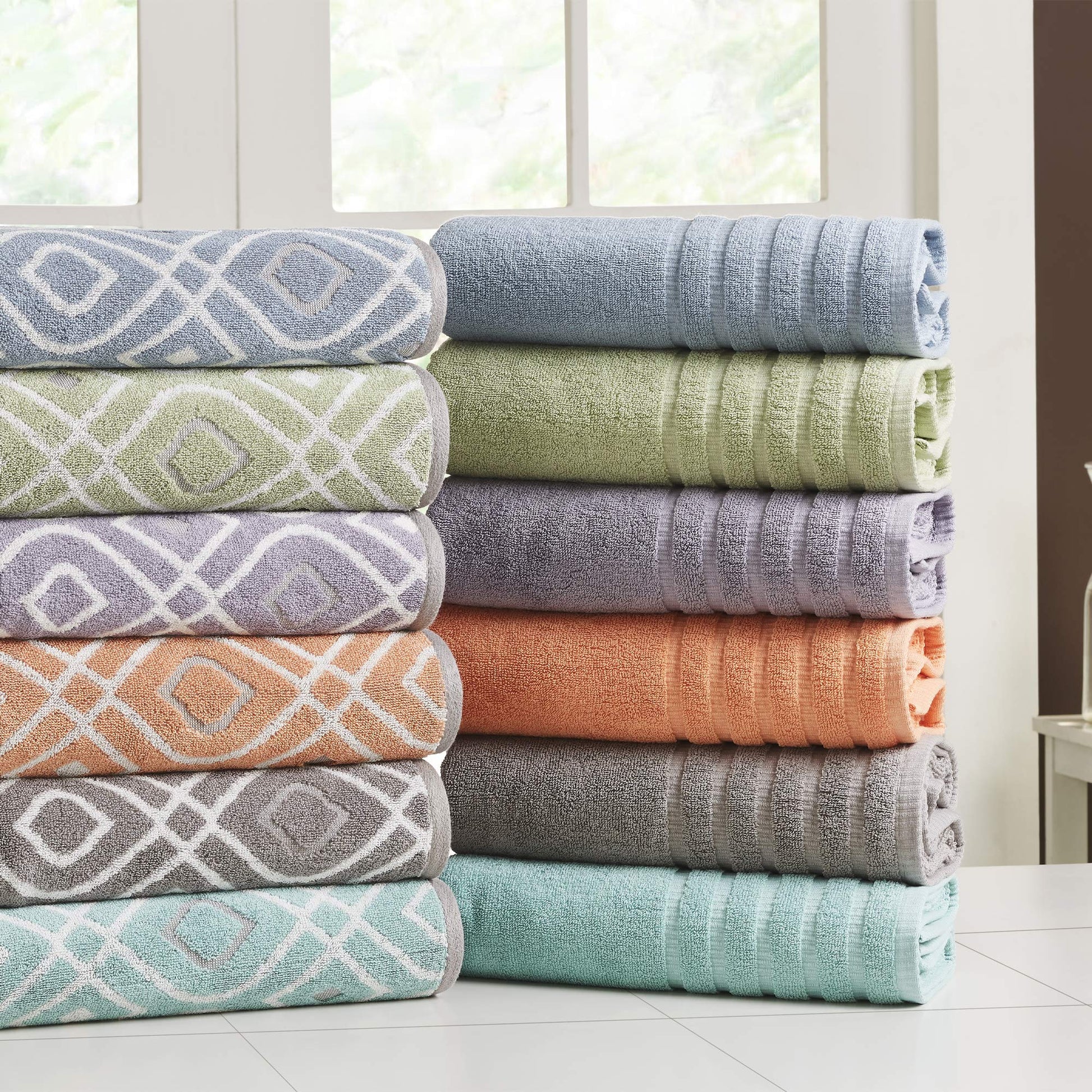6-Piece Yarn Dyed Oxford Stripe Jacquard/Solid Ultra Soft 500GSM 100% Combed Cotton Towel Set Sage Green]