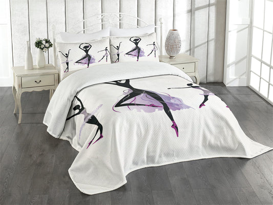 Ballet Bedspread, Ballerina Silhouettes Practising Clic Dance Performing Theatrical Art, Decorative Quilted 3 Piece Coverlet Set with 2 Pillow Shams, Queen Size, White Black