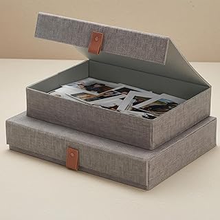 Set of 2 Decorative Linen Photo Storage Boxes with Lids