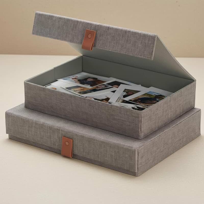 Set of 2 Decorative Linen Photo Storage Boxes with Lids