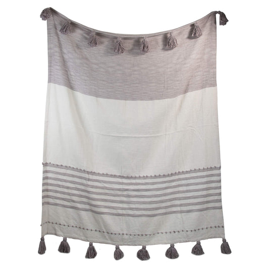 Gray Striped Handwoven 50 x 60 inch Cotton Throw Blanket with Hand Tied Fringe