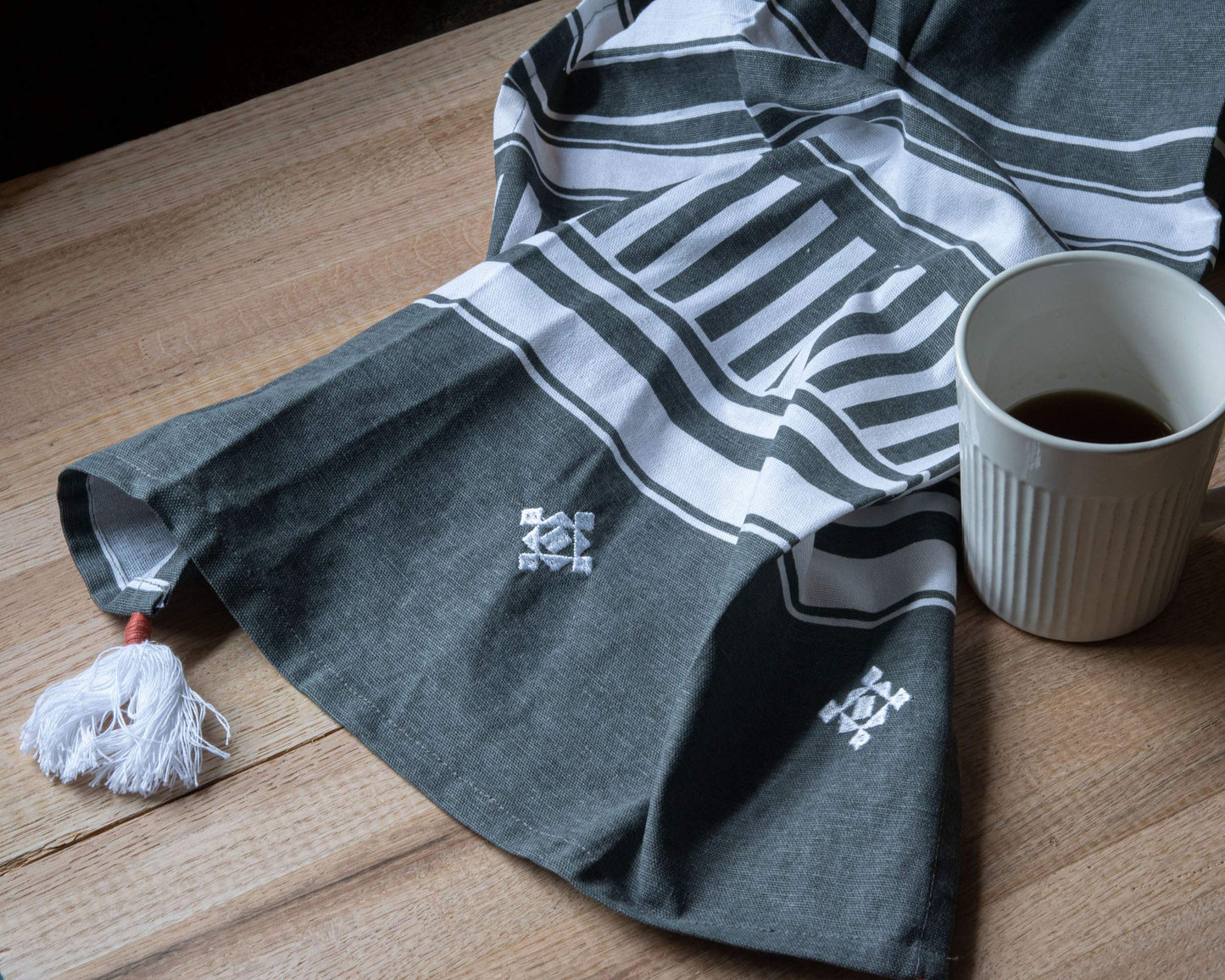  Gray Striped 27 x 18 Inch Woven Kitchen Tea Towel with Hand Swen Tels
