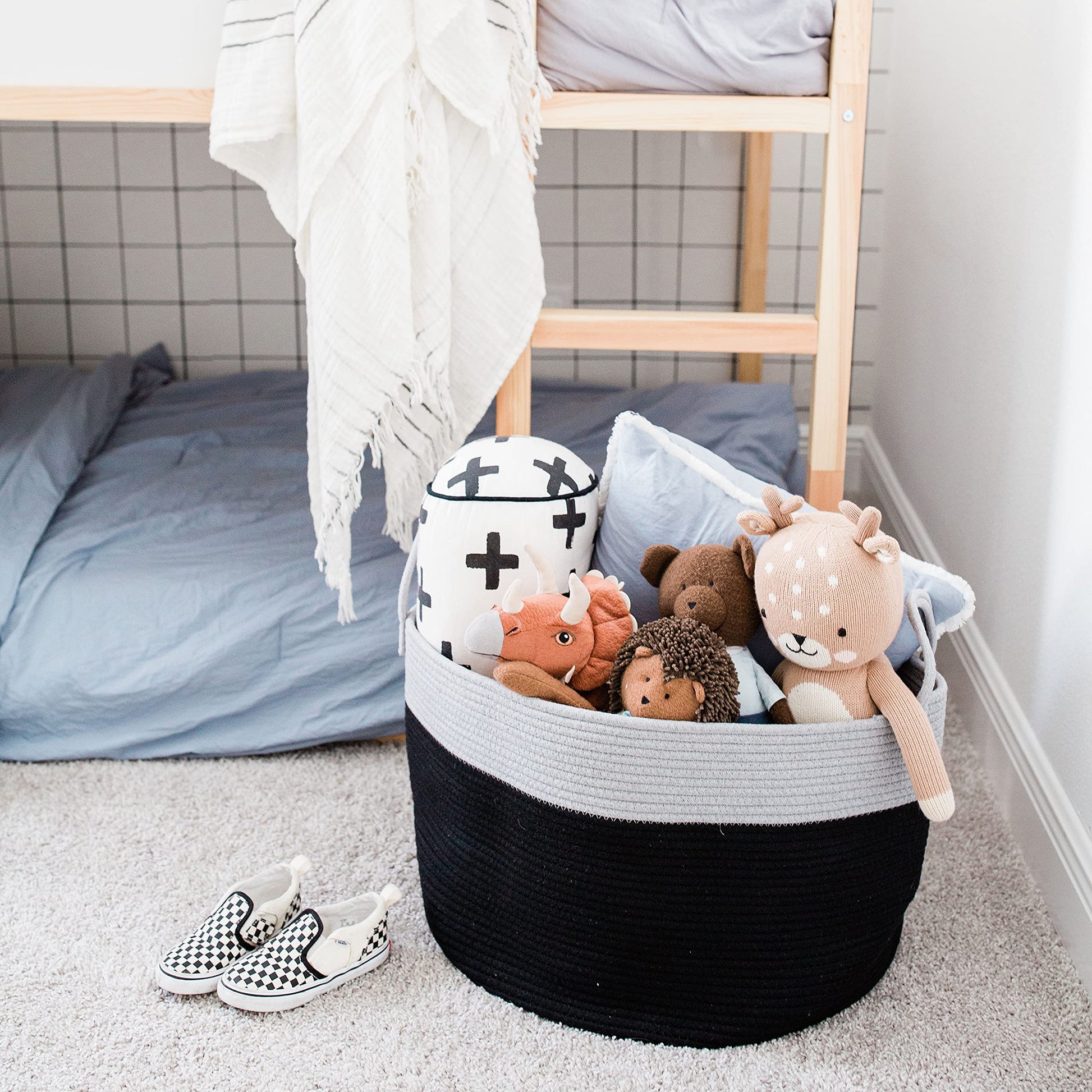 Gray  White Throw Blanket Basket for Living Room  Large Woven Baskets for Storage  Cotton Rope Baskets with Handles  Big Nursery Laundry Basket  Blanket Bin  Pillow Basket  20x13